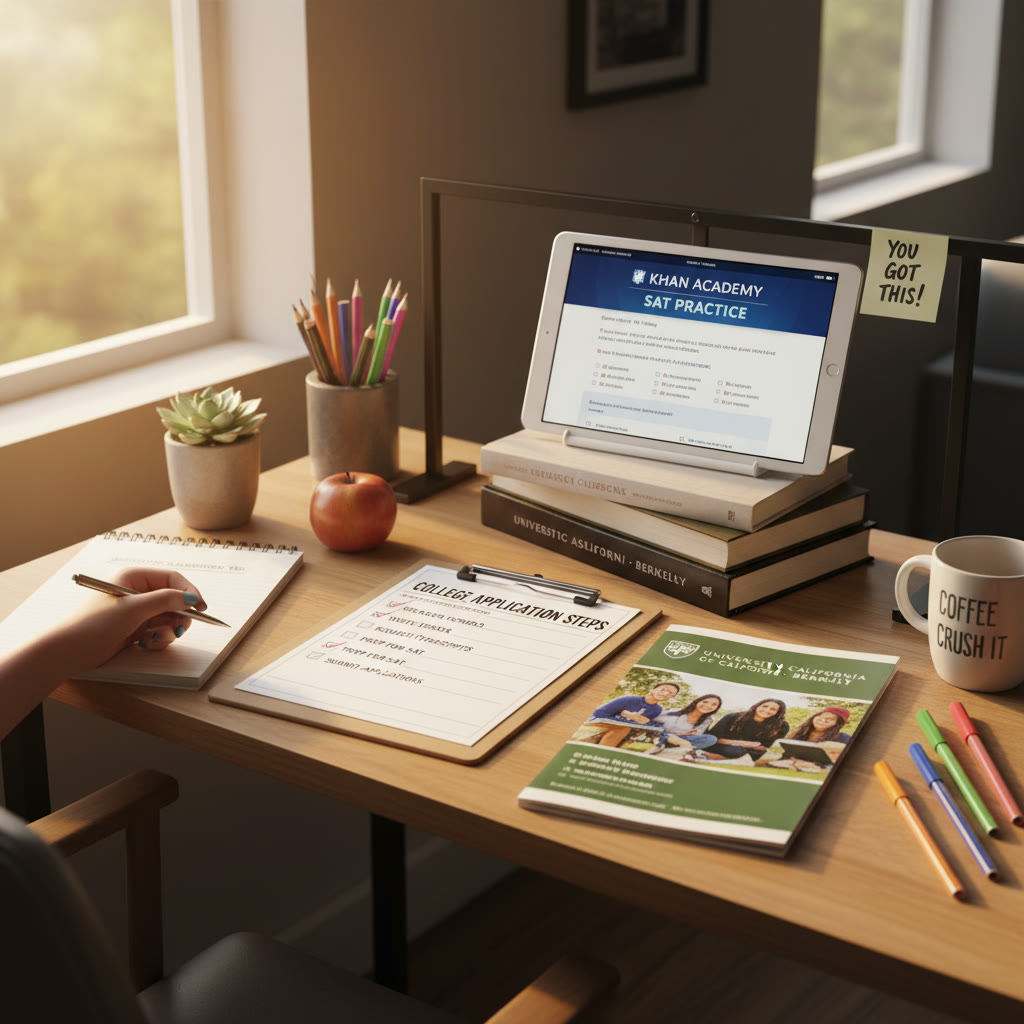 Photo Idea : A late-afternoon desk with a checklist for college applications, a printed college profile, and a tablet displaying a digital SAT practice section—warm, focused mood conveying preparation and calm focus.