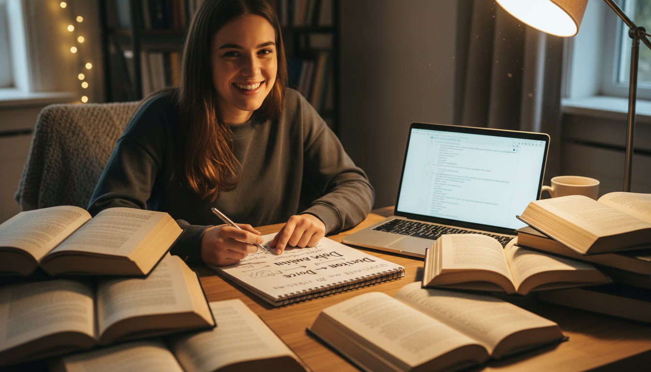 Photo Idea : A student at a desk surrounded by open poetry anthologies and a laptop with notes—warm lighting, a notebook with scribbled marginalia titled “Diction → Device → Meaning.”