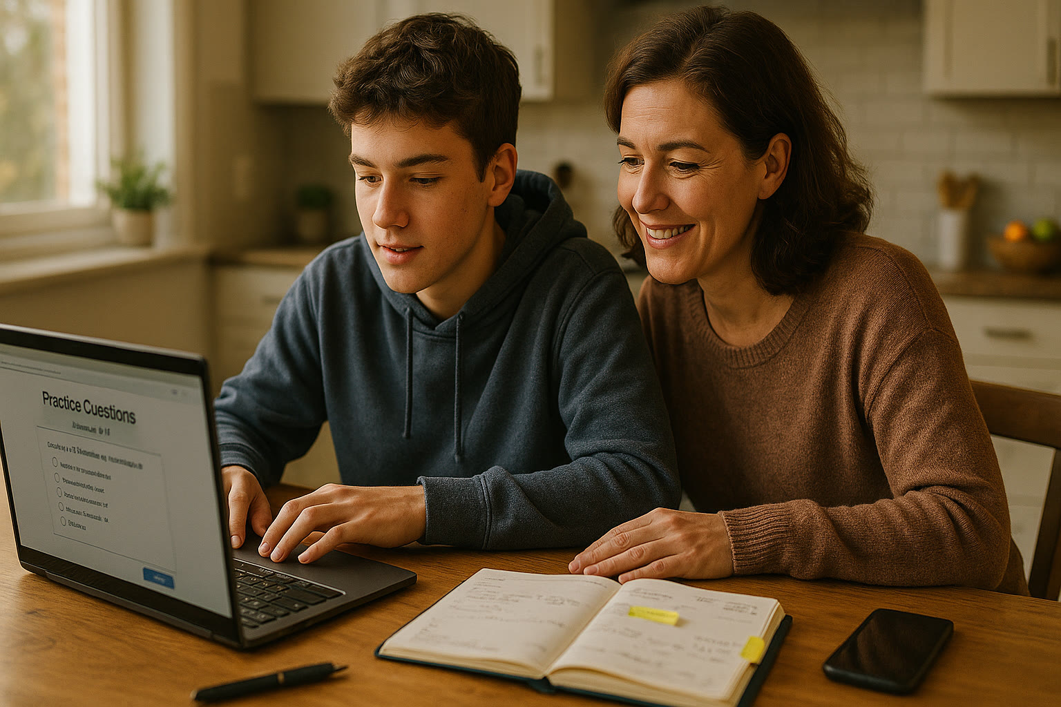 Photo Idea : A parent and teen sitting side-by-side at a kitchen table, the teen using a laptop for practice questions while the parent looks on with a supportive smile. Natural light, relaxed posture, a planner and highlighter visible.
