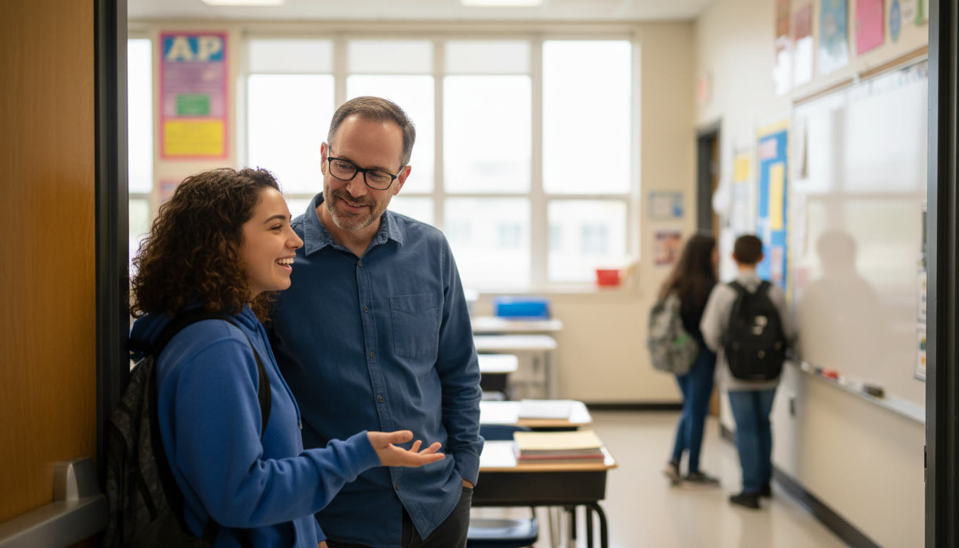 Photo Idea : A warm, candid photo of a high school student speaking with a teacher at the classroom door, both smiling and engaged—captures the approachable, human side of help-seeking.