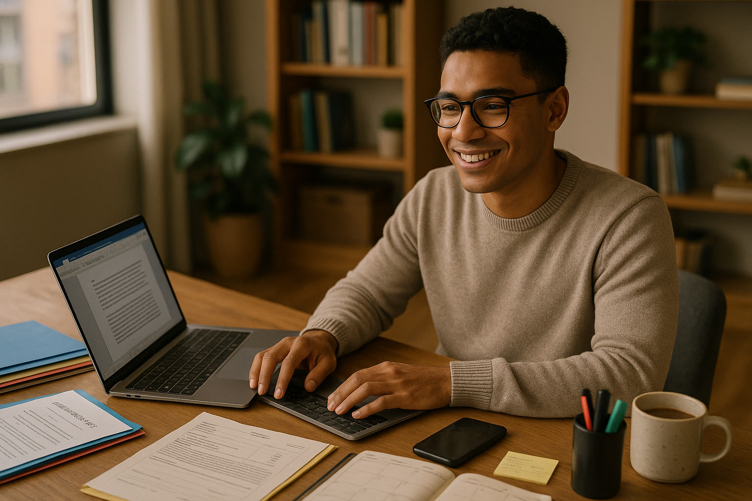 Photo Idea : A confident student at a desk, surrounded by neatly arranged application materials and a planner, smiling while typing an essay on a laptop.