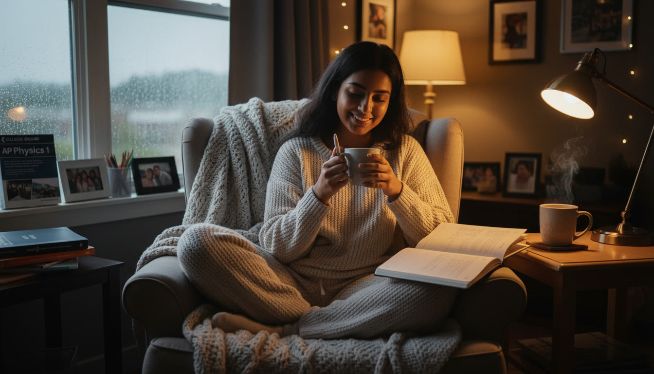 Photo Idea : A cozy evening scene of a student journaling by lamp light with a cup of tea—illustrates winding down and intentional recovery.