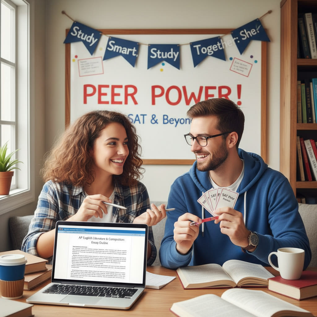 Two students studying together, one working on an AP assignment and the other reviewing SAT flashcards—suggested image to illustrate study pairings and peer support