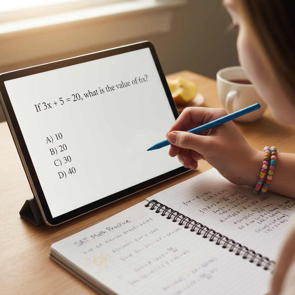 Photo Idea : Close-up of a digital tablet screen showing an SAT math question with a student’s hand holding a stylus, accompanied by a notebook of worked solutions — conveys focused digital practice.