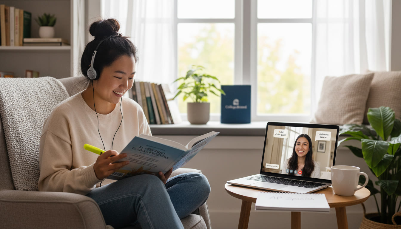 Photo Idea : A cozy study corner with a student highlighting a foreign-language book while a laptop shows a video call — conveys blended learning and conversation practice.