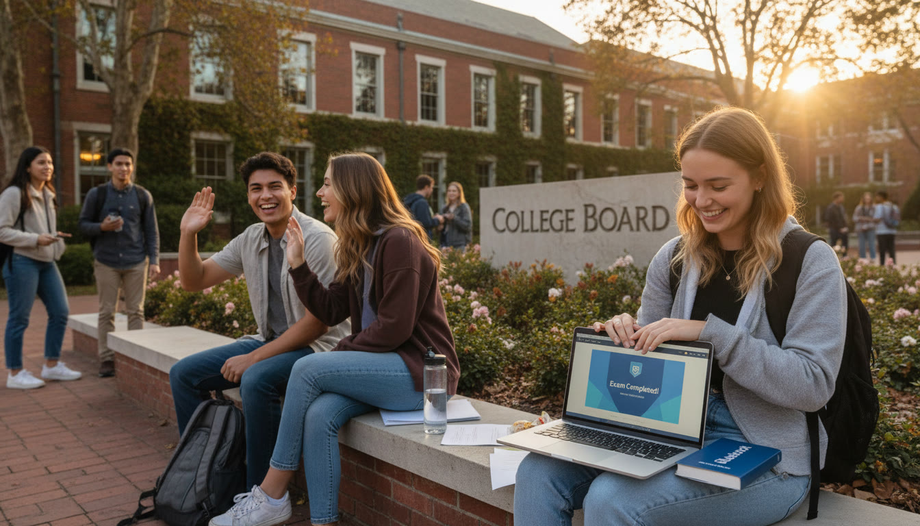 Photo Idea : A calm post-exam scene: a student closing a laptop with Bluebook on screen, friends sharing a light moment outside the school building — emphasizes relief and accomplishment.