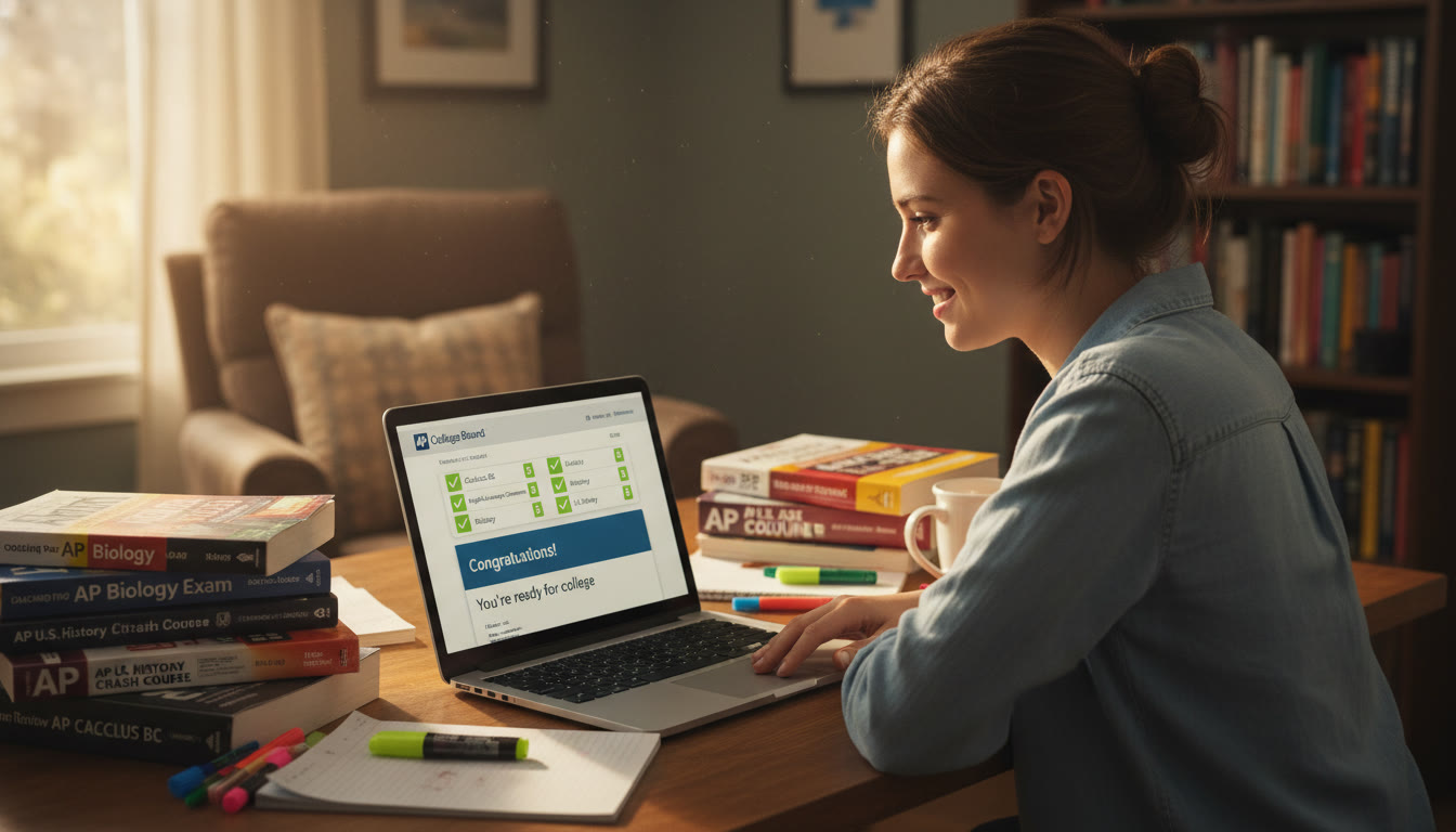 Photo Idea : A focused student at a desk surrounded by AP prep books and a laptop displaying a College Board score report — warm natural lighting, conveys quiet confidence and preparation.