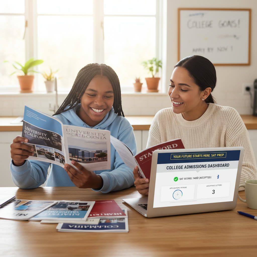 Photo Idea : A warm, candid photo of a high school student and parent looking at college brochures together at a kitchen table, with a laptop showing a college admissions dashboard.