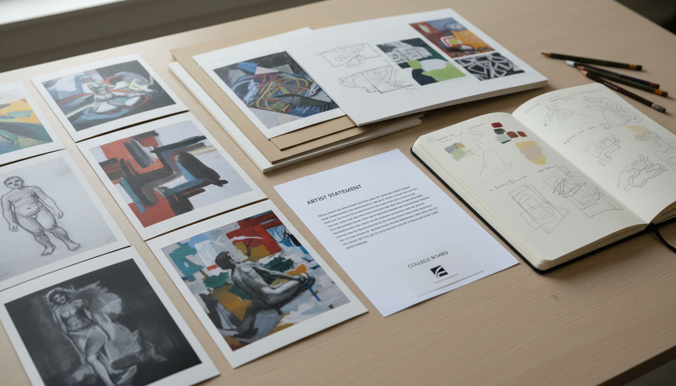 Photo Idea : A close-up of a portfolio layout on a table—high-quality photos, sketchbook pages, and a printed artist statement—demonstrating organized presentation for submission.