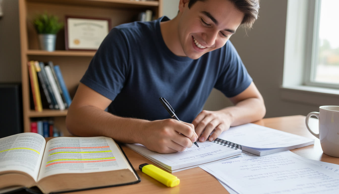 Photo Idea : A close-up of a student writing on a notepad with a copy of the Constitution and a highlighter nearby — suggests active study and textual anchoring.