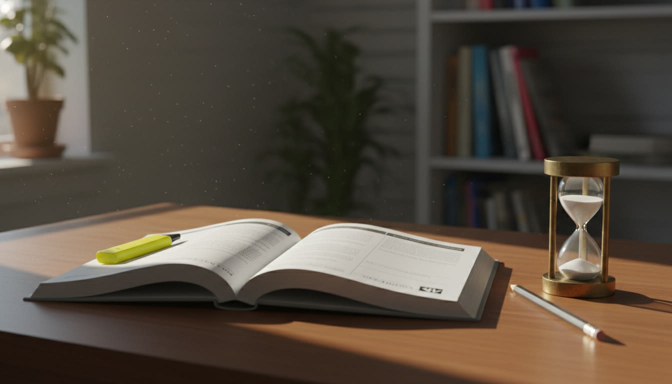 Photo Idea : A neat open AP free-response booklet on a desk with a pencil, timer, and highlighter — warm natural light, suggesting calm preparedness.