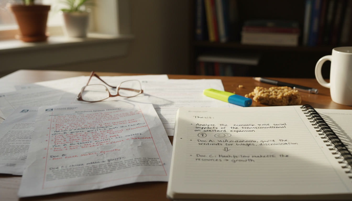 Photo Idea : Close‑up of annotated documents and a student’s handwritten thesis outline—illustrates document analysis and planning skills.