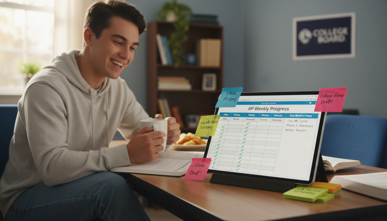 Photo Idea : A student sitting at a desk with a tablet showing a weekly tracker spreadsheet; sticky notes around the tablet show quick review reminders like 