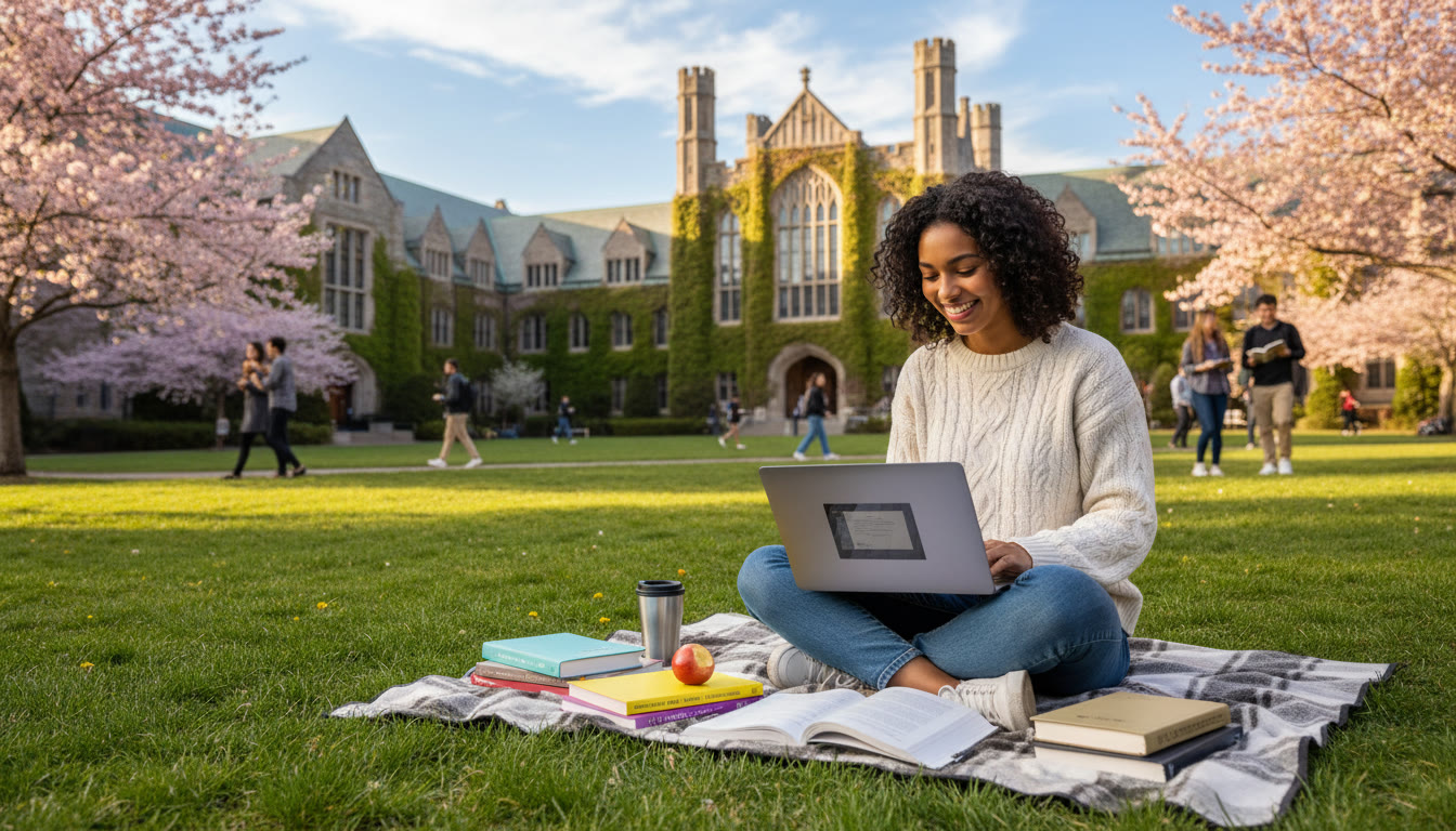 Photo Idea : A bright photo of a student studying on the Boston College campus quad with textbooks and laptop, capturing a sense of focus and possibility — ideal for the opening section on planning and the core curriculum.