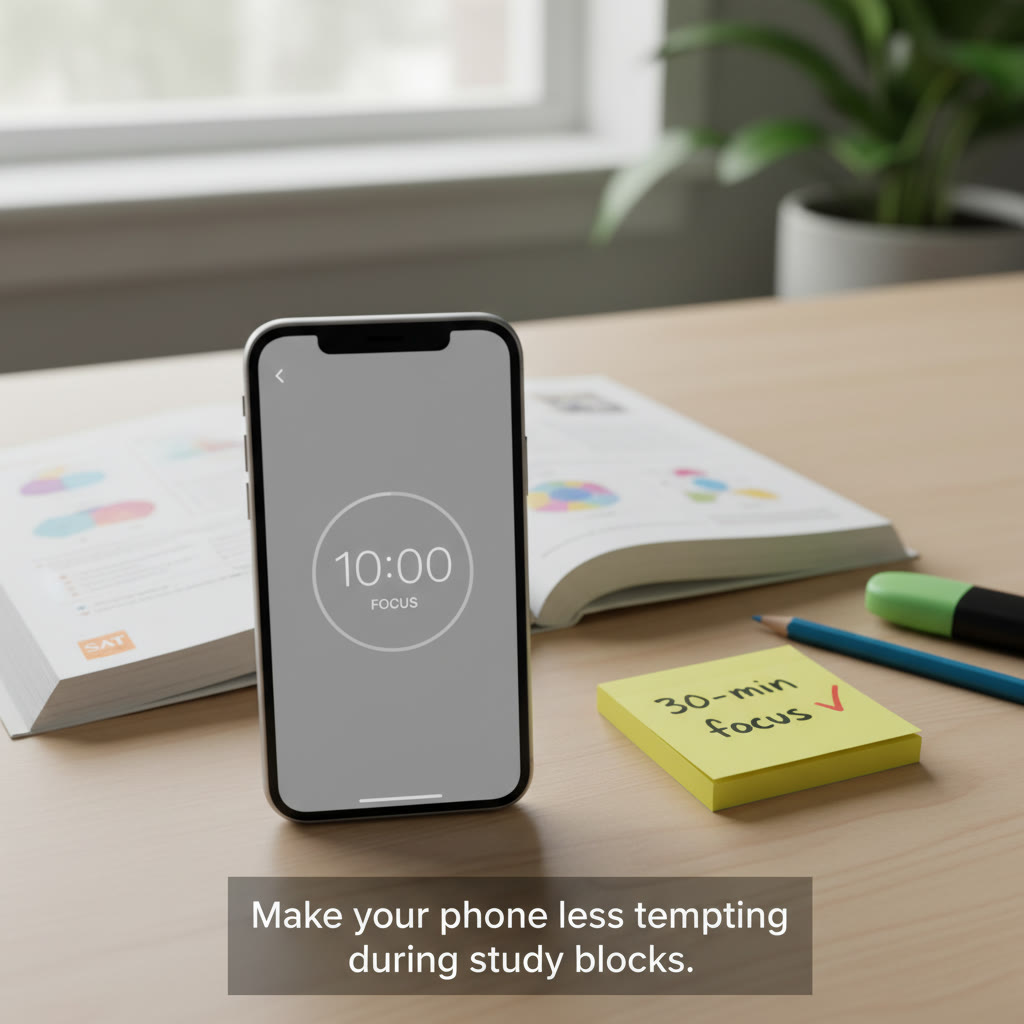 Close-up of a phone with grayscale mode on and a sticky note beside it reading