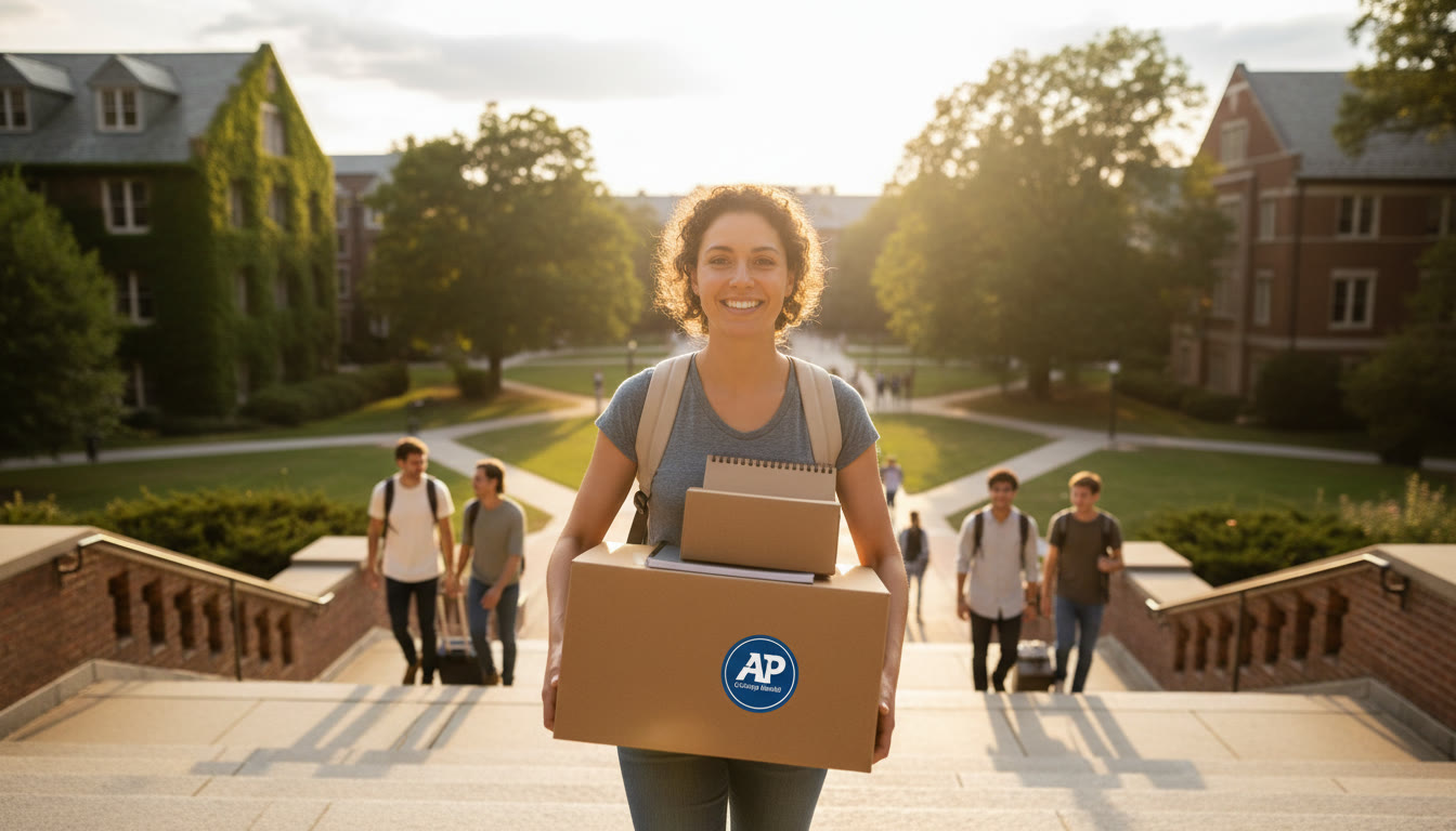 Photo Idea : A college-bound student on move-in day, carrying boxes up campus steps with a subtle AP sticker visible on a notebook — hopeful, forward-looking. (Place this image near the closing to reinforce the pathway from AP success to college opportunity.)