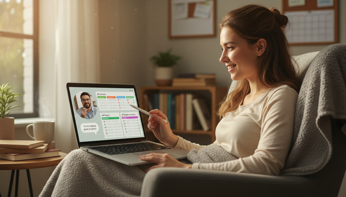 Photo Idea : A student in a cozy corner with a laptop showing a personalized study plan, a tutor video call visible in the corner of the screen—natural, candid shot that communicates support and focus.