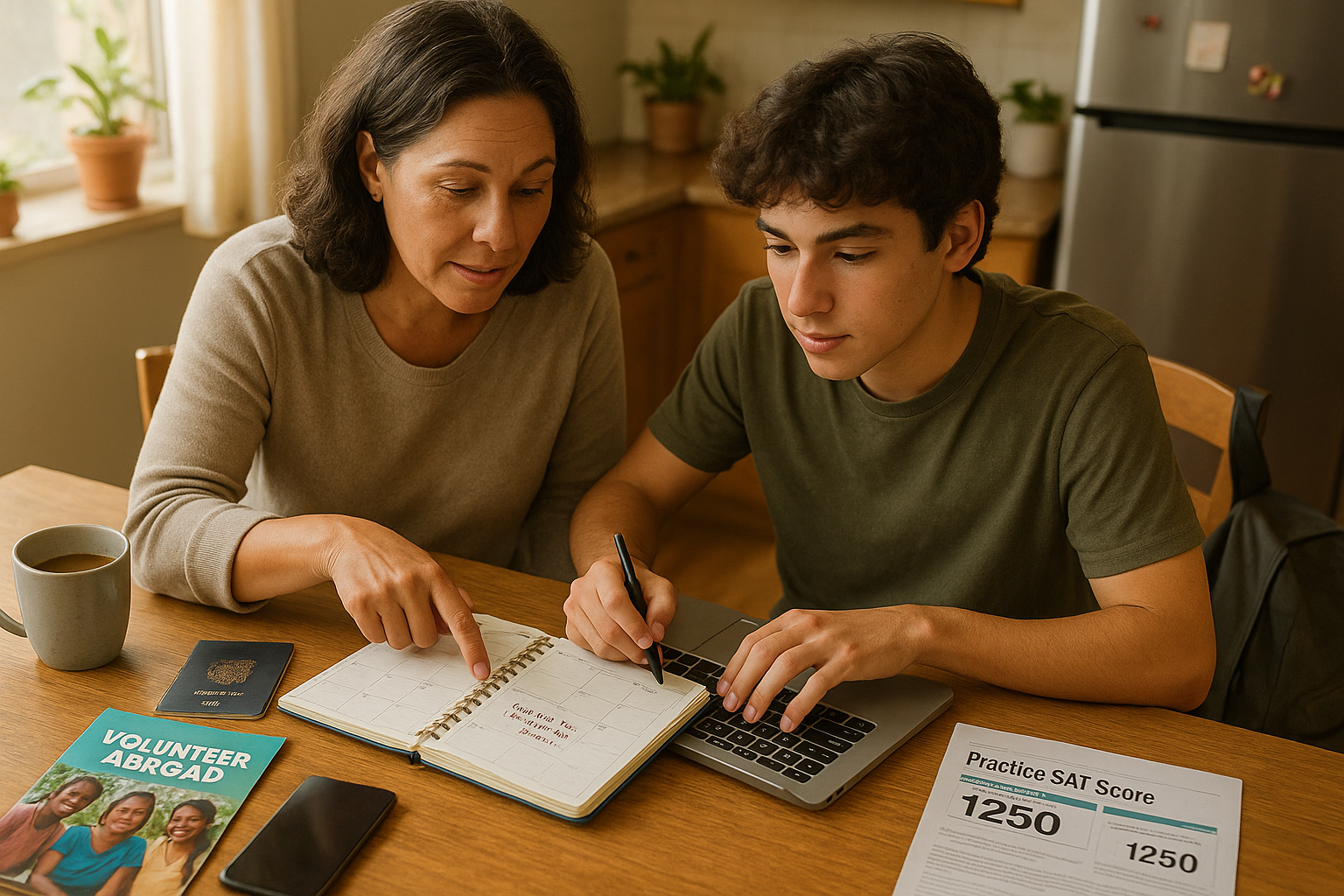 Photo Idea : An engaged parent and student reviewing a planner and laptop together at a kitchen table, surrounded by gap-year memorabilia like a passport, volunteer program brochure, and a printed practice SAT score report.