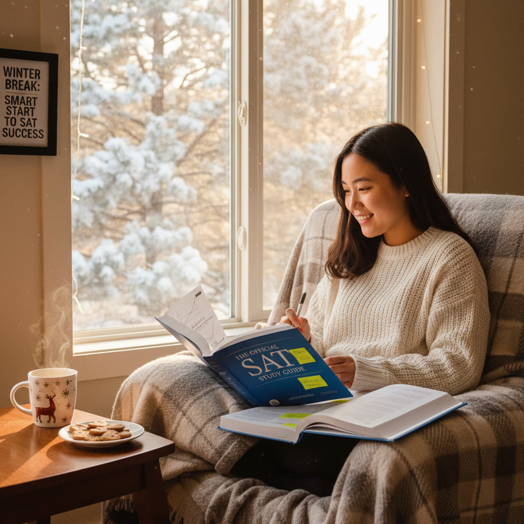 Cozy study nook by a window during winter break: a student with a laptop, open SAT practice book, and a cup of tea — suggesting focused, comfortable holiday study sessions.