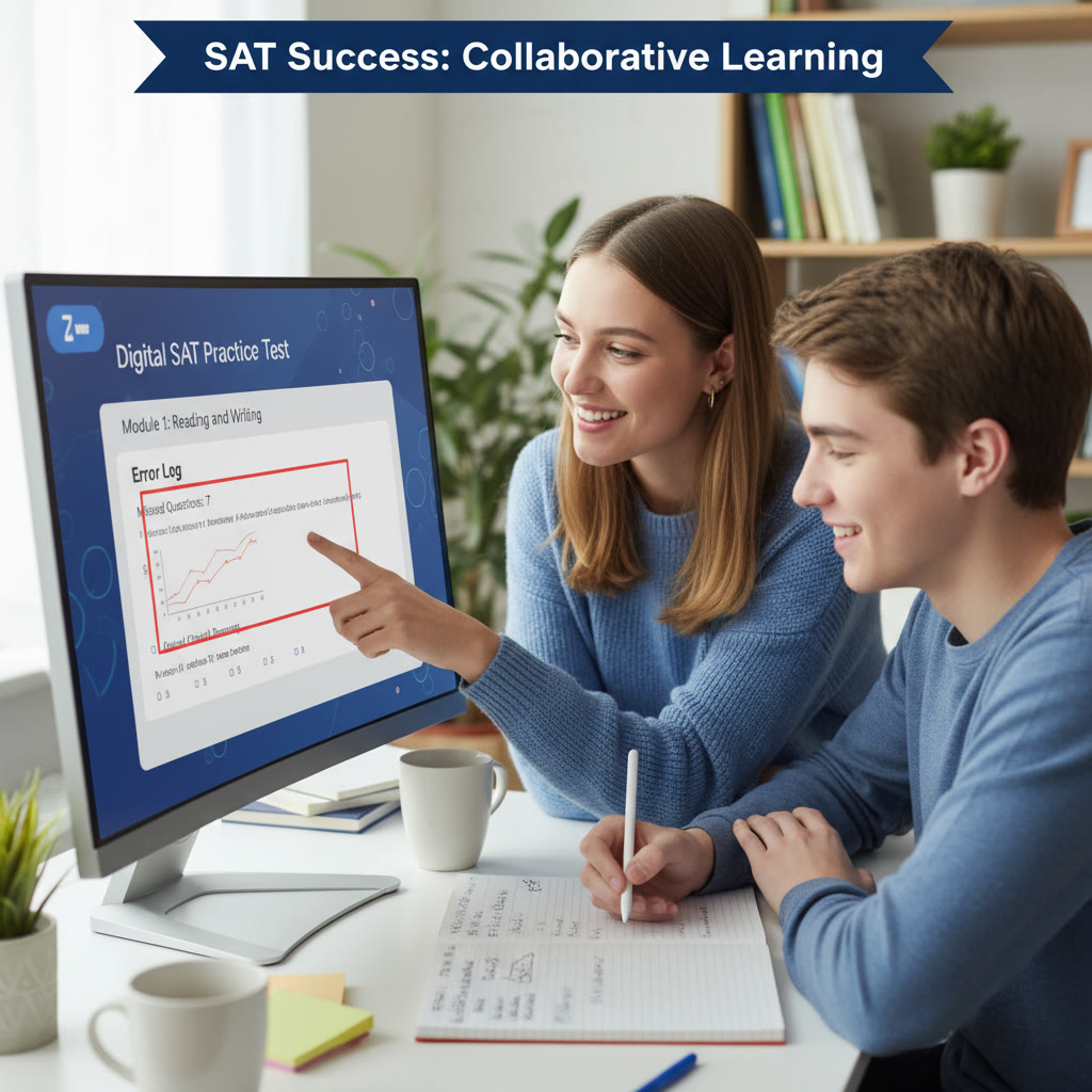 Photo Idea : A study session scene showing a tutor and student reviewing a Digital SAT practice screen together; the tutor points at an error log while the student takes notes—conveys collaboration and targeted feedback.