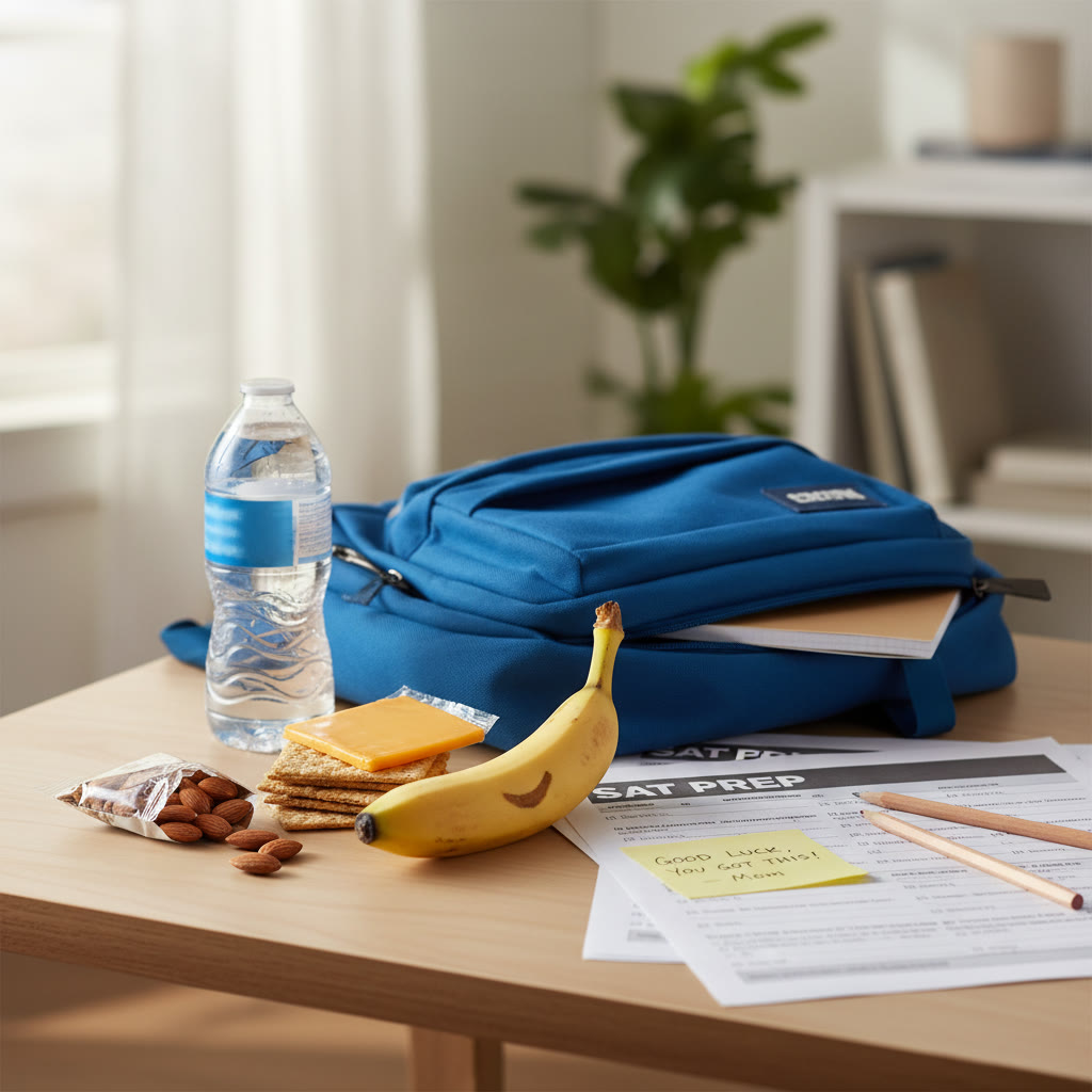 Photo idea: A compact test-day snack kit — banana, small almond packet, whole-grain crackers, wrapped cheese slice, and a sealed water bottle laid out beside a packed bag and practice test papers.