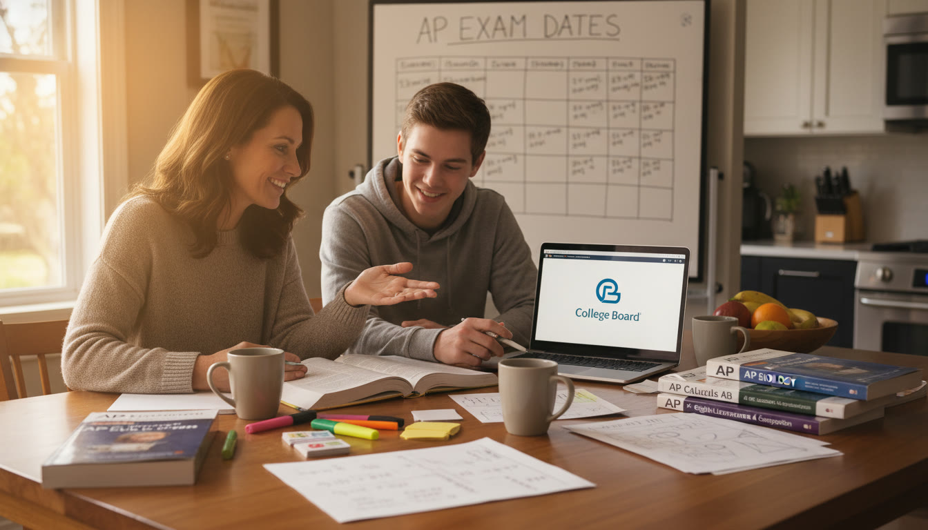 Photo Idea : A relaxed parent and teen at kitchen table with a laptop and AP study materials laid out — natural light, warm tones, showing collaboration and planning.