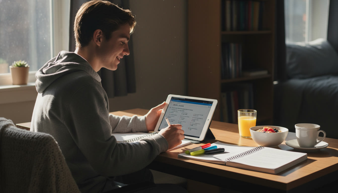 Photo Idea : A relaxed early-morning scene: a student completing an AP practice question with a healthy breakfast beside them, sunlight on the desk — signaling balance between study and self-care.