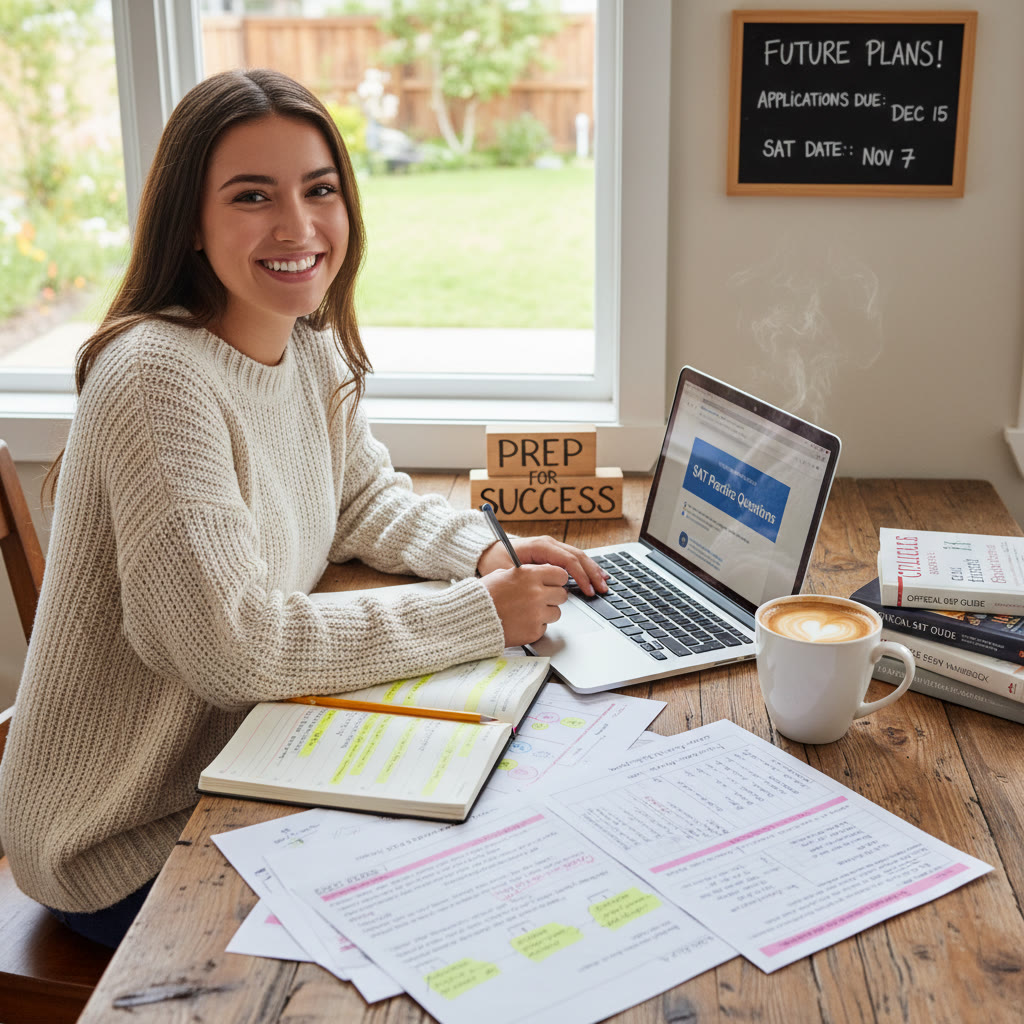 Photo Idea : A relaxed student at a kitchen table with a laptop, highlighted notes, and a cup of coffee—depicting a real-life test prep and application moment.