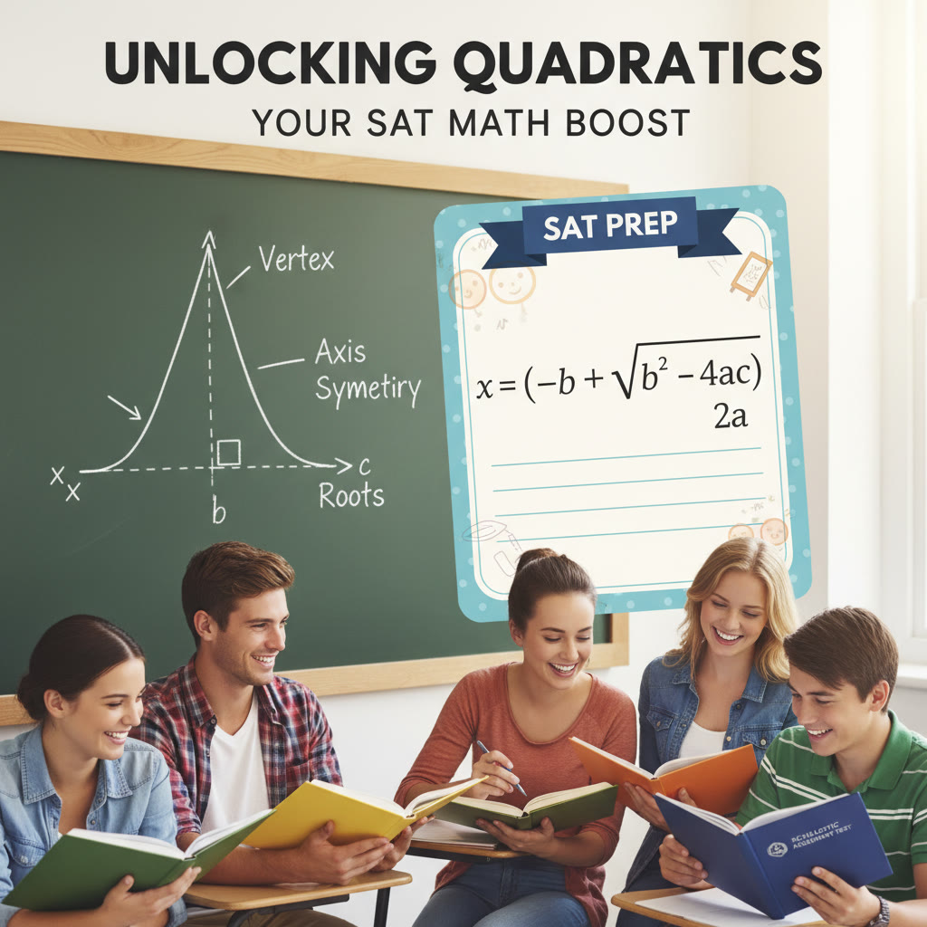 Picture idea: A clean, labeled sketch of a parabola with annotations showing vertex, axis of symmetry, and roots to accompany a quadratic formula card.