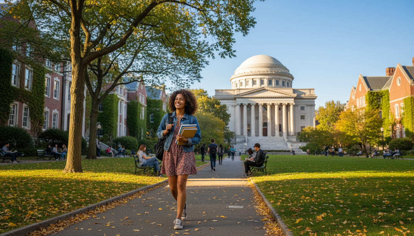 Photo Idea : A bright, candid shot of a student walking across a leafy Barnard quad with Columbia’s Low Library visible in the distance, symbolizing the close academic relationship between the two institutions.