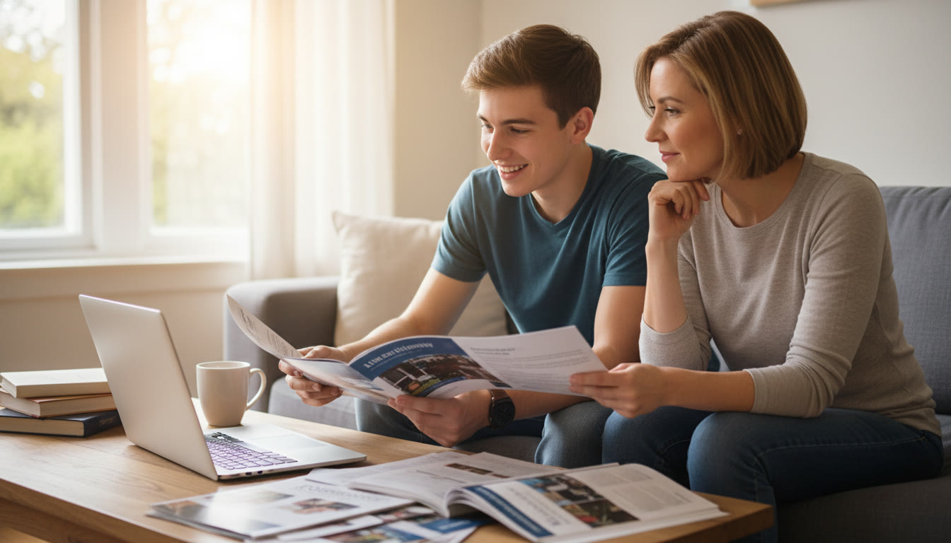 Photo Idea : A bright photo of a student and parent looking at university brochures and a laptop together; natural light, relaxed but focused expression — illustrates family planning for university.