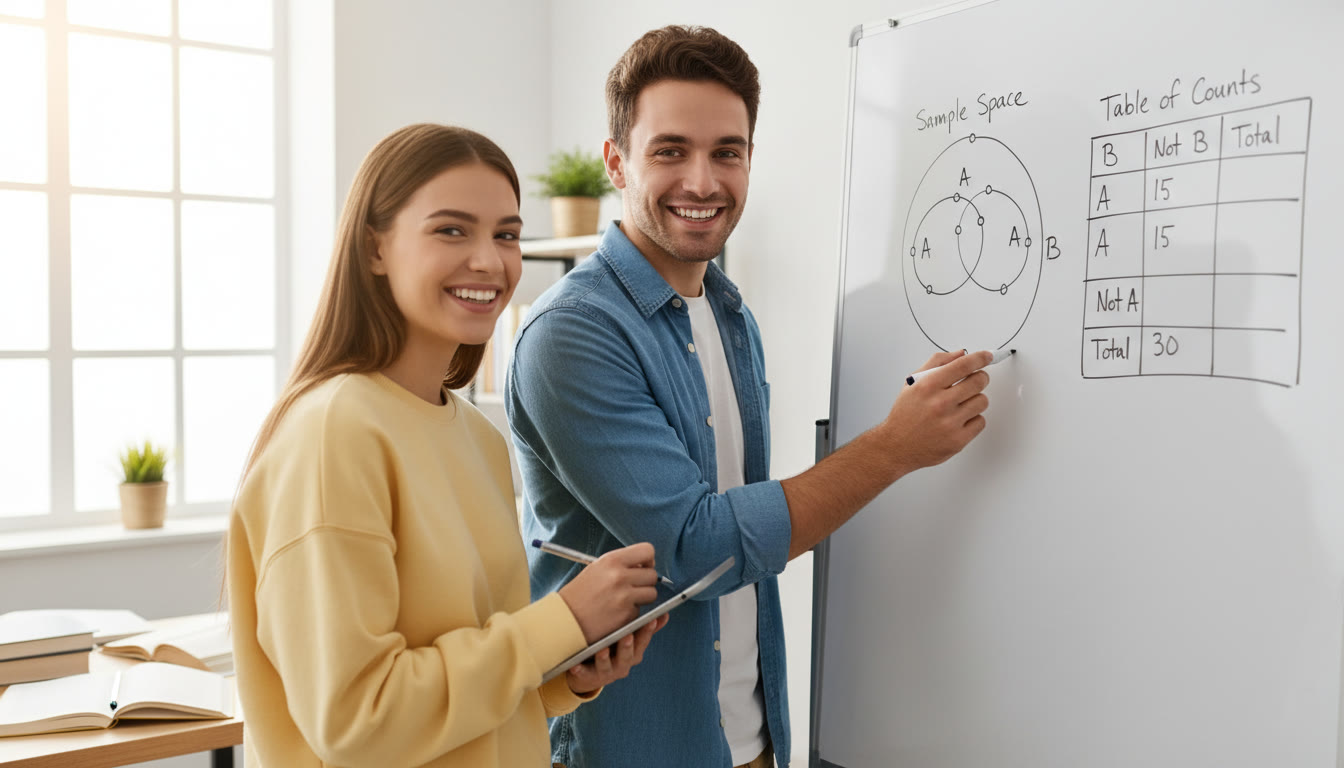 Photo Idea : A close-up of a tutor and student at a whiteboard, the tutor pointing at a drawn sample space and a partially completed table of counts — light, engaged atmosphere emphasizing collaboration.