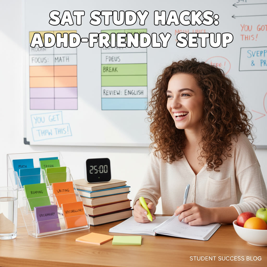 Student at a tidy desk using a timer and color-coded notes, showing an ADHD-friendly study setup.
