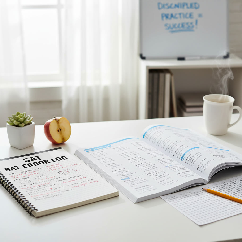 Visual idea: A study desk with a practice test, pencil, and a notebook labeled 'error log', suggesting disciplined practice and review