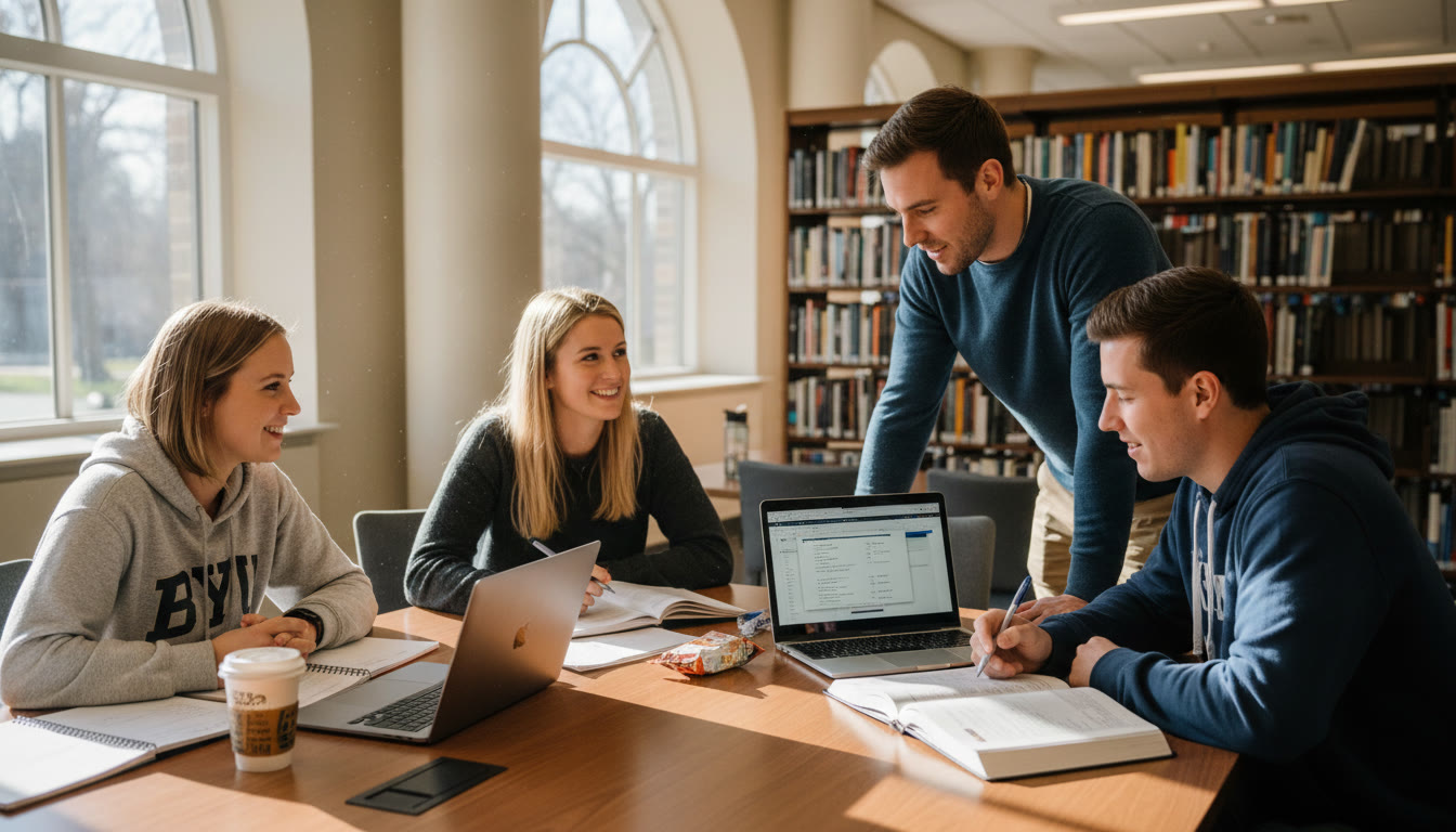 Photo Idea : A small group of BYU students studying together in a bright library corner, open laptops, notebooks, and a tutor pointing at a problem โ conveys collaborative learning and the supportive coaching environment many students seek.