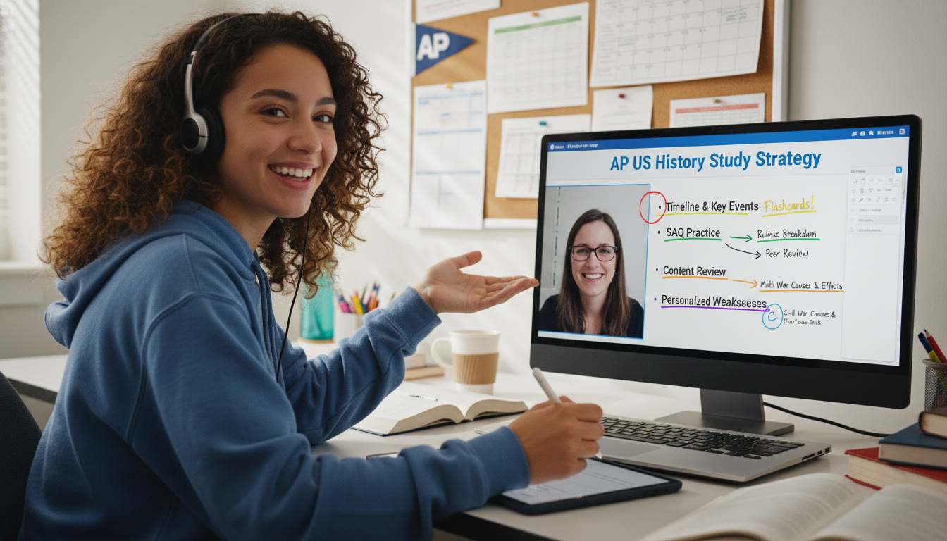 Photo Idea : A photo of a student meeting one on one with a tutor over a screen sharing session, with an annotated plan visible highlights personalized tutoring and strategy.