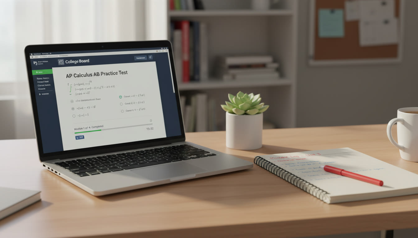 Photo Idea : A calm study desk with a laptop showing a digital practice test interface, a notebook with a mistake log, and a small plant conveys focused and modern test prep for the Digital SAT.