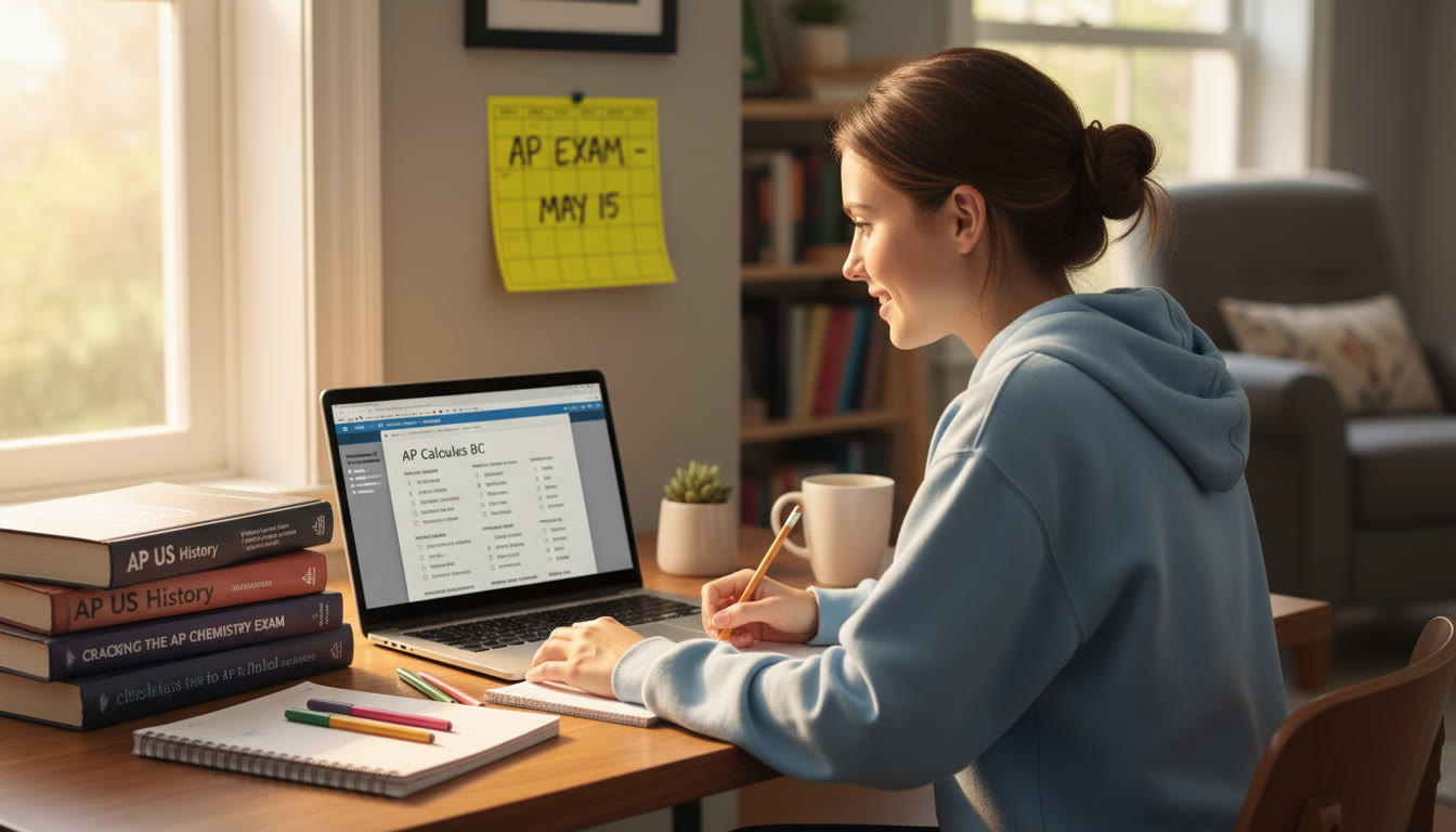 Photo Idea : A focused student at a desk in a sunlit room with AP prep materials—books, a laptop showing practice questions, a sticky note calendar. This image should appear near the top to set an intimate, student-centered tone.