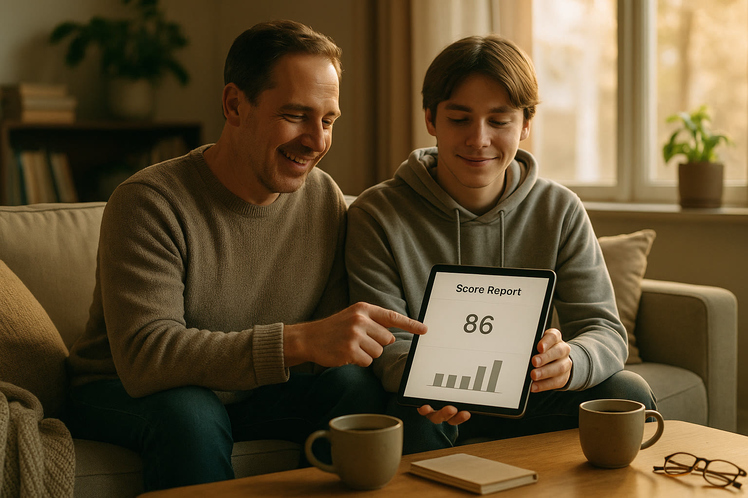Photo Idea : A relaxed parent and teen on a couch looking at a tablet showing a score report, soft afternoon light, cups of tea nearby — candid, calm, reassuring.