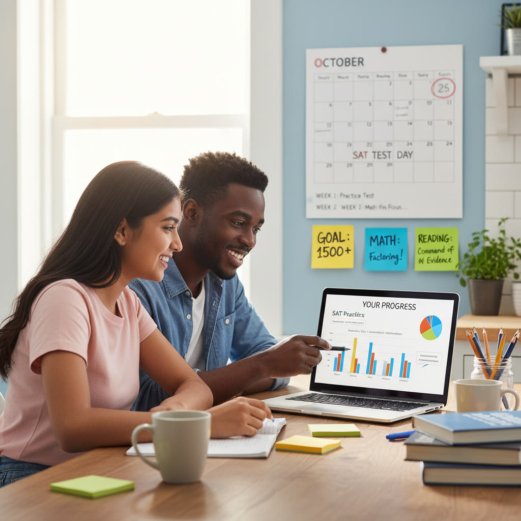 Photo Idea : A student and a tutor sitting at a kitchen table with a laptop showing practice question analytics; sticky notes with goals and a calendar are visible—emphasizing personalized, data-driven tutoring.