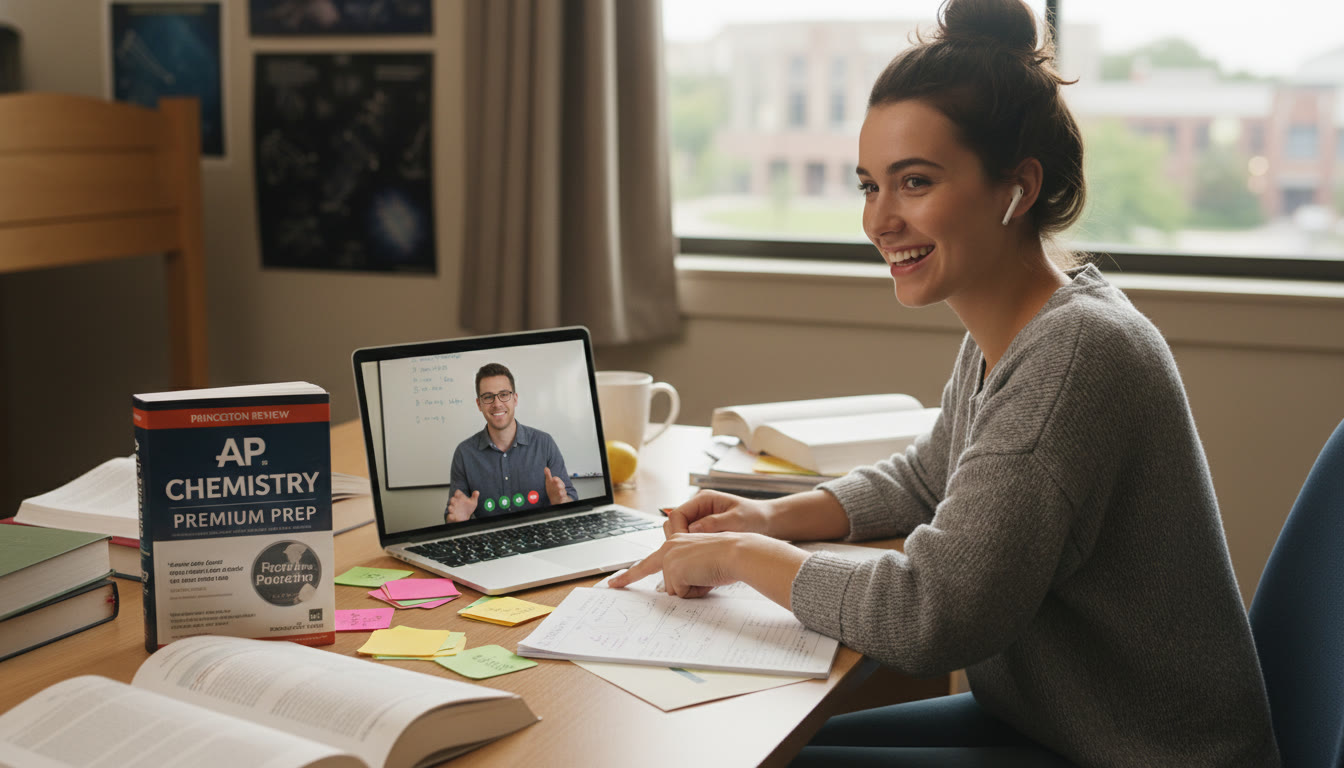 Photo Idea : A student at a desk with notes, an AP prep book, and a laptop, working with a tutor via video chat — illustrating modern, blended support for students using personalized tutoring.