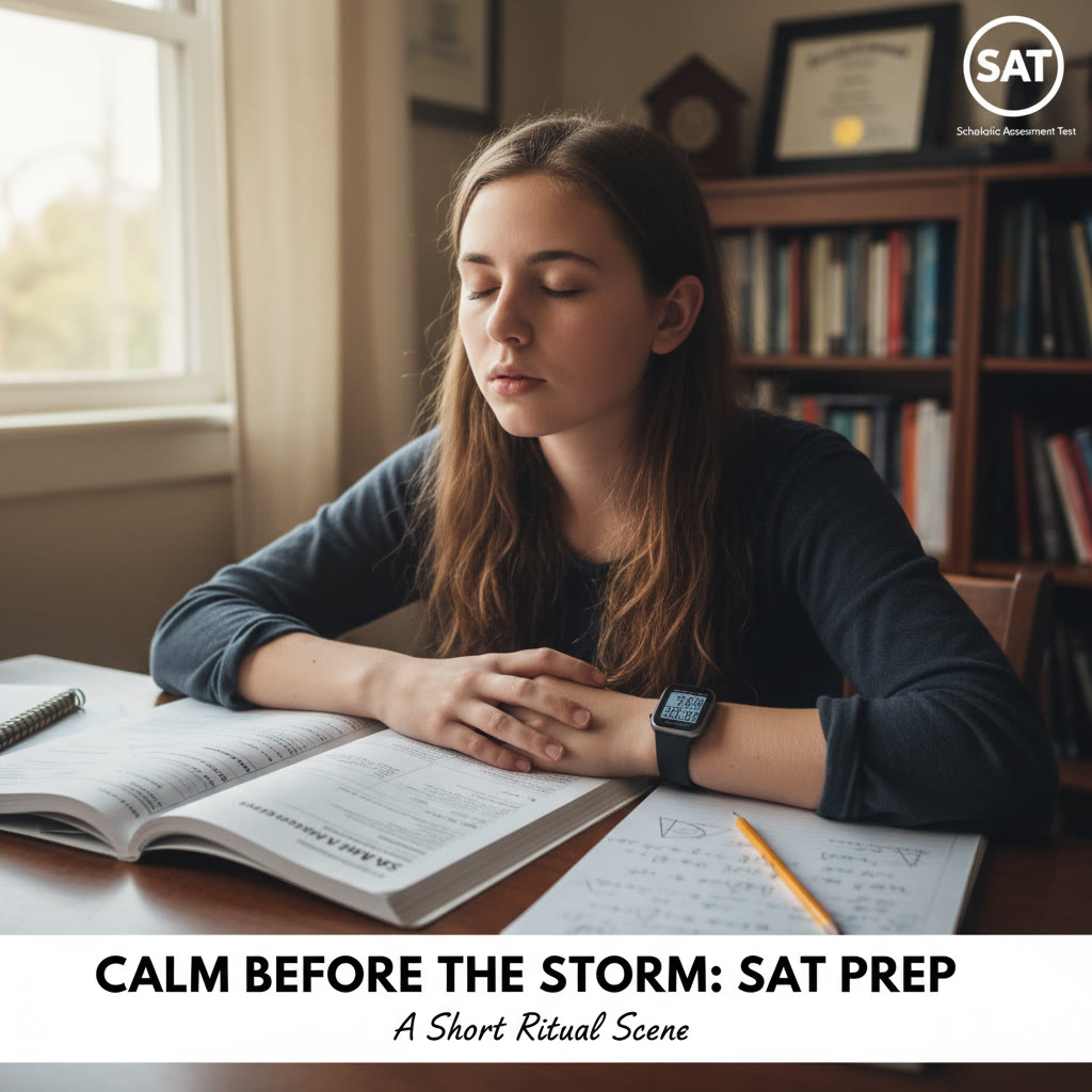 A short ritual scene: student breathing with closed eyes before a timed math section, watch visible, notes open — calm, purposeful preparation.