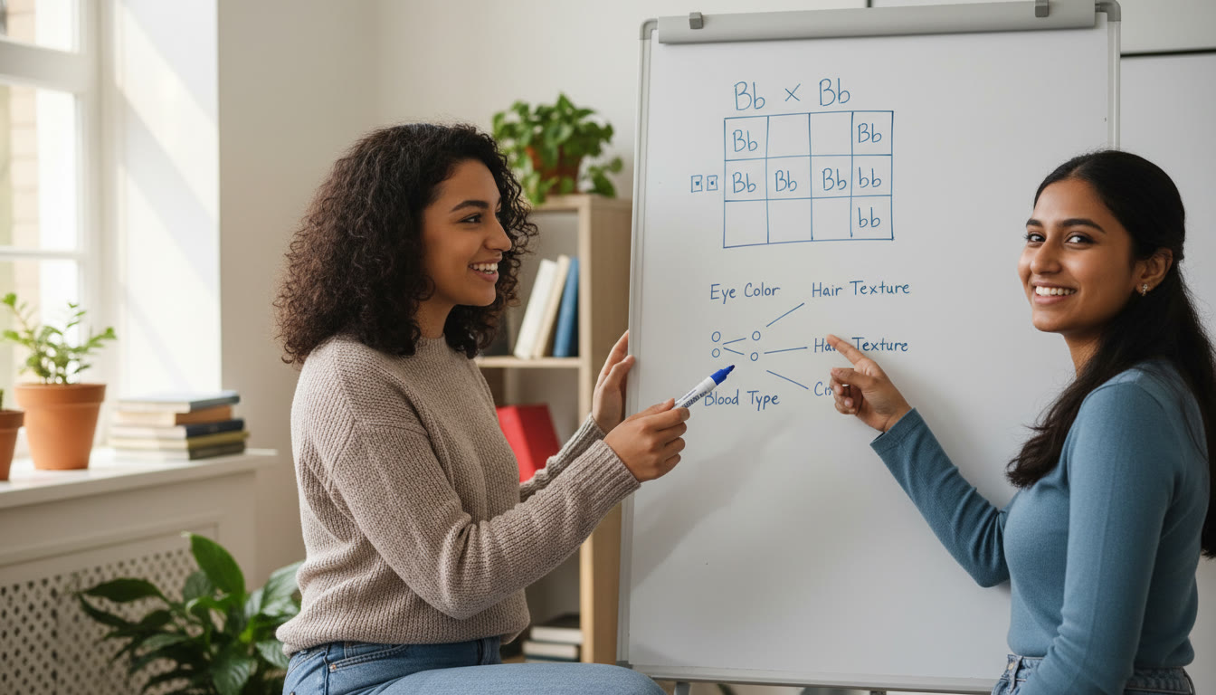 Photo Idea : Mid-article visual of a tutor and student working on a whiteboard with a Punnett square and a chromosome map; the student is smiling to convey confidence after a small breakthrough.