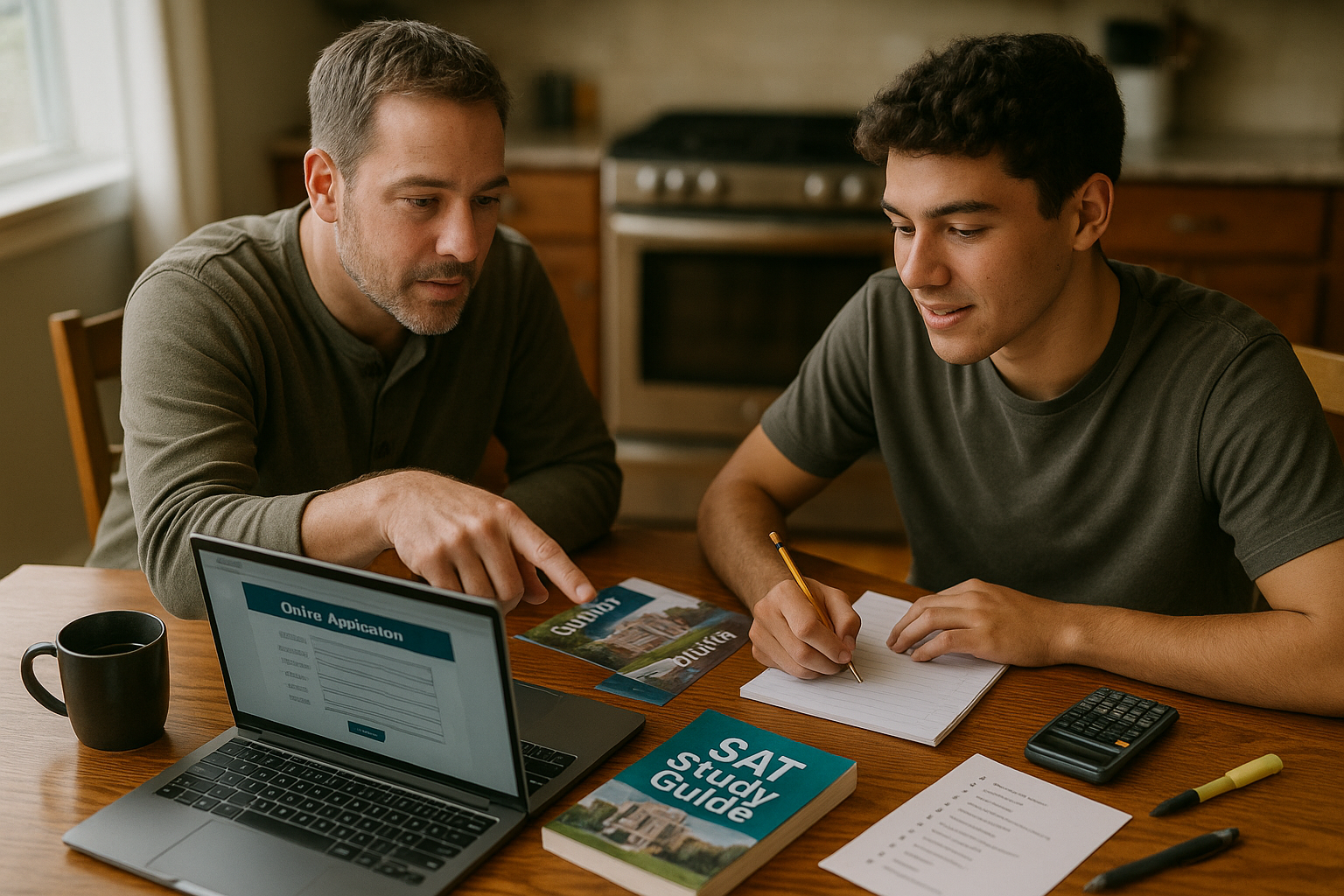 Photo Idea : A candid photo of a parent and high school student at a kitchen table with college brochures, a laptop showing an application page, and an SAT study guide nearby.