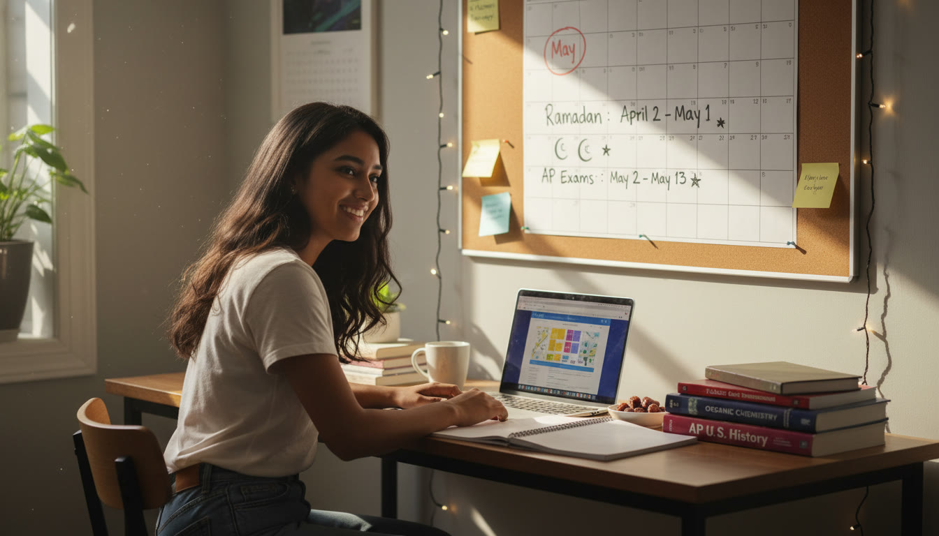 Photo Idea : A study scene showing a student with textbooks and a laptop, a calendar pinned on the wall showing Ramadan dates and AP exam month, soft daylight through a window.