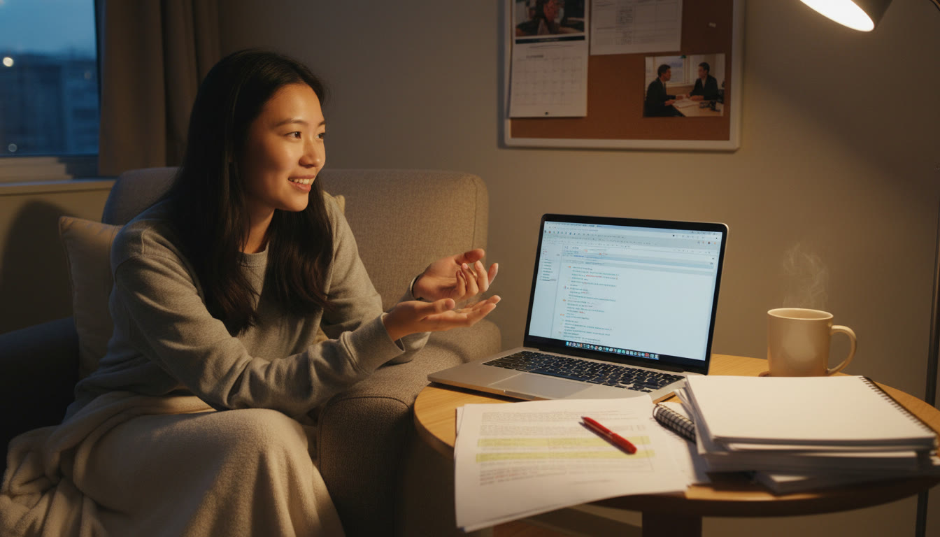 Photo Idea : A calm evening study scene with a student reviewing a revised essay beside a laptop and notes, demonstrating progress and reflection after a conference; emphasizes the revision and practice cycle.