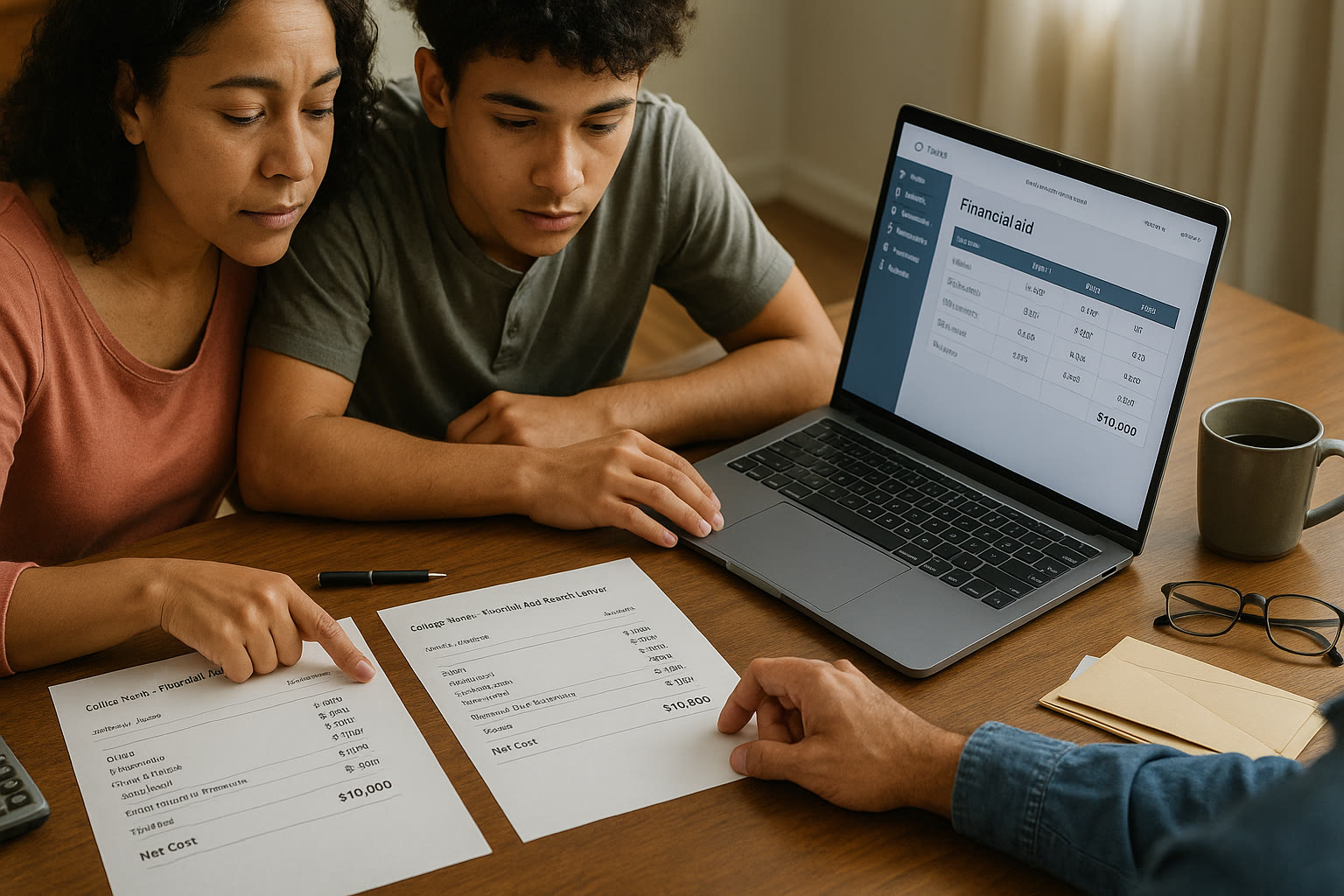 Photo Idea : A screenshot-style mockup of a family reviewing two printed financial aid award letters on a table with a laptop open to a college’s financial aid portal — clean layout and easy-to-read numbers.