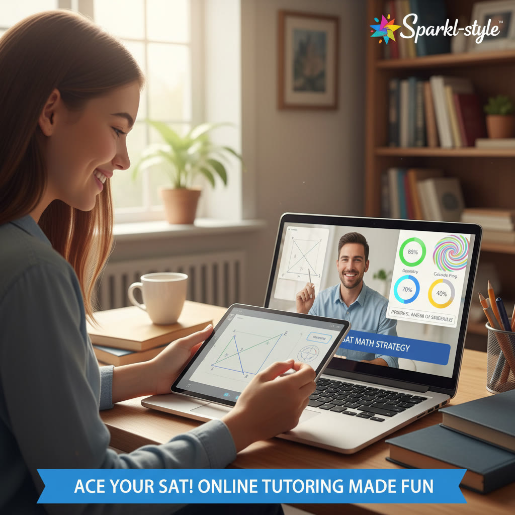 Photo Idea : An online tutoring session on a laptop screen showing a tutor explaining a math problem while a student follows along with a digital tablet; a “Sparkl-style” dashboard is visible in the corner illustrating progress data.