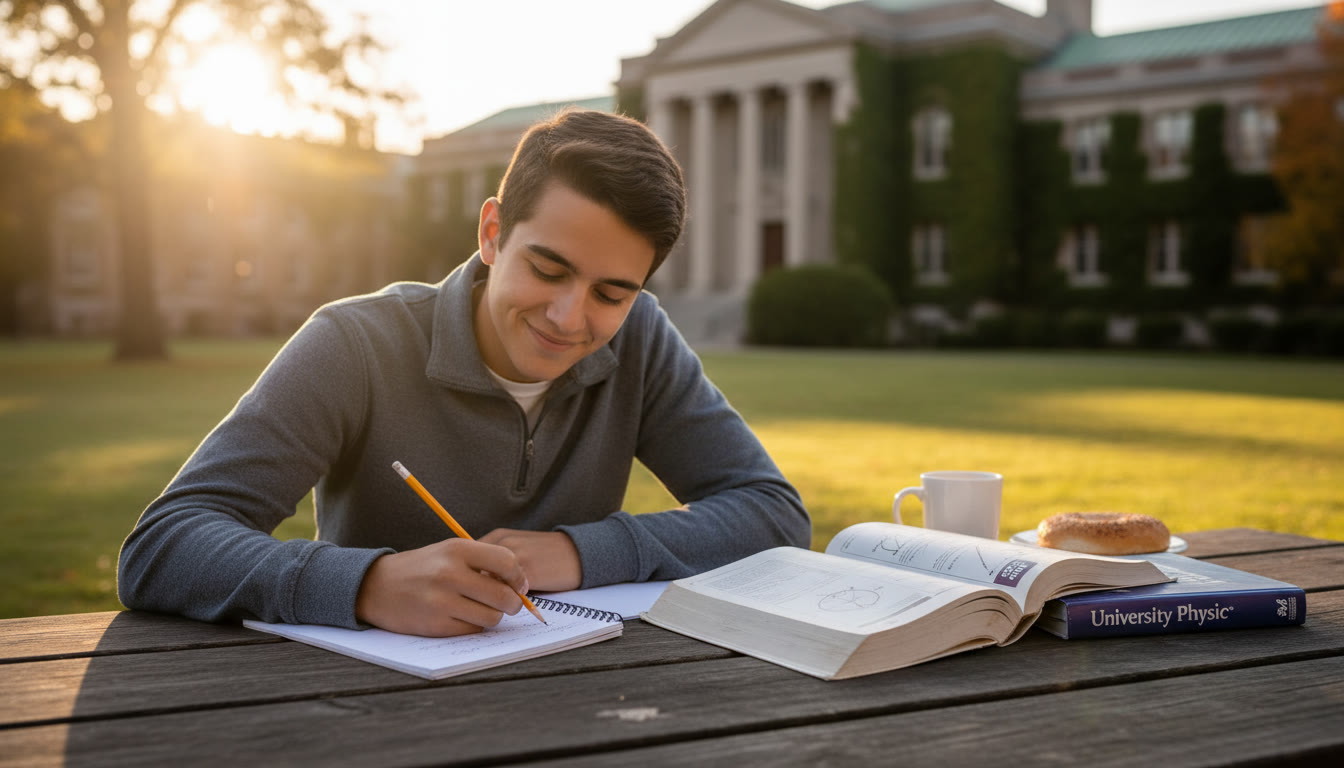 Photo Idea : A bright early-morning study scene of a high school student working through a calculus problem on paper, a physics textbook open beside them, with a soft-focus campus building in the background — conveys quiet determination and academic focus.