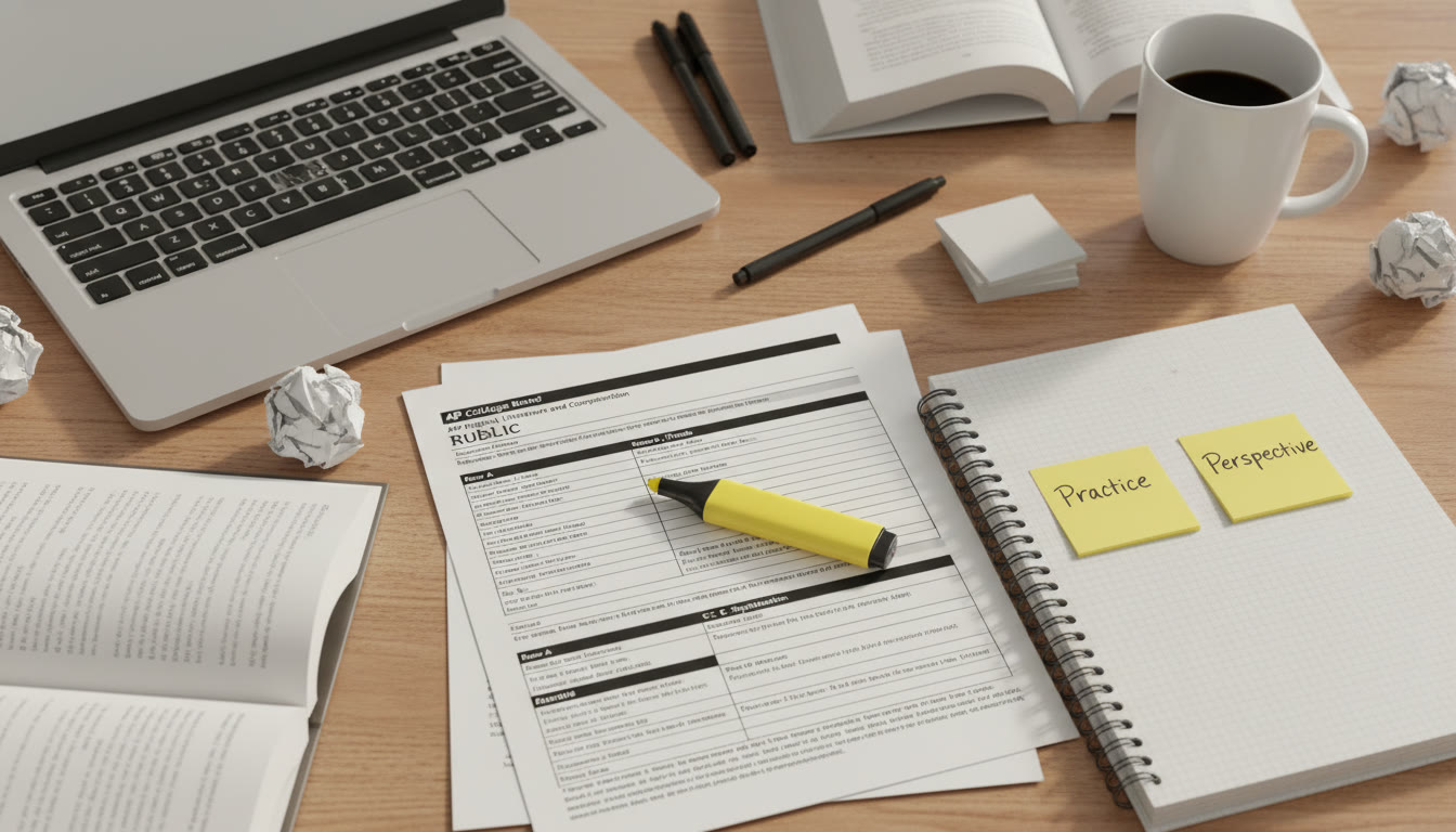 Photo Idea : A top-down shot of a student’s study desk with an open AP rubric, sticky notes labeled 